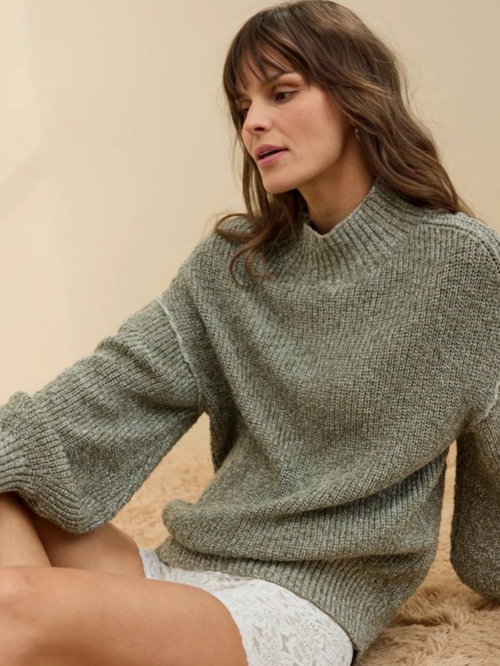 Aerie Hits the Spot Mock Neck Sweater Green Knit Pullover Cozy Soft Preppy S
